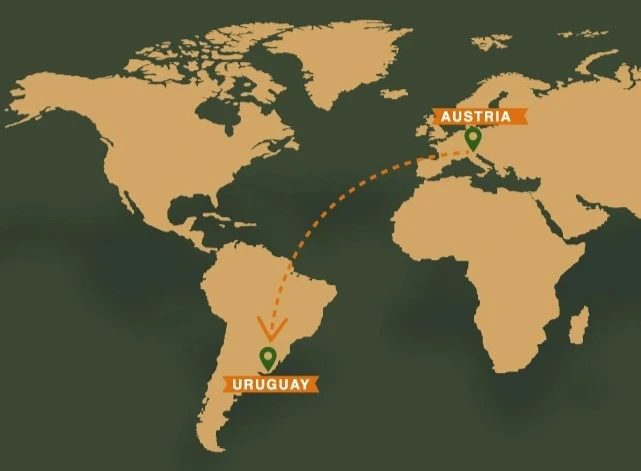 Mapa señalando Austria y Uruguay
